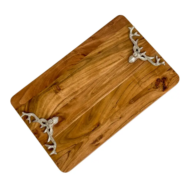 14" Brown Solid Wood And Aluminum Deer Stag Handmade Cheese Board