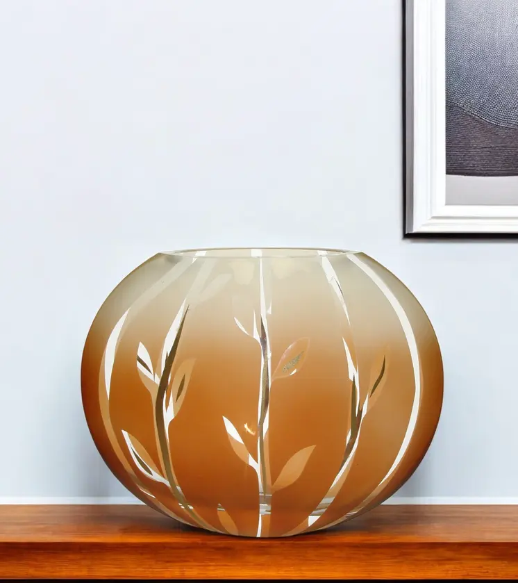 10" Brown Leaf Oval Lead Free Crystal Table Vase