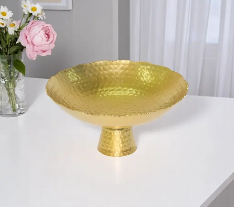 13" Gold Aluminum Torn Edge Round Pedestal Centerpiece Bowl