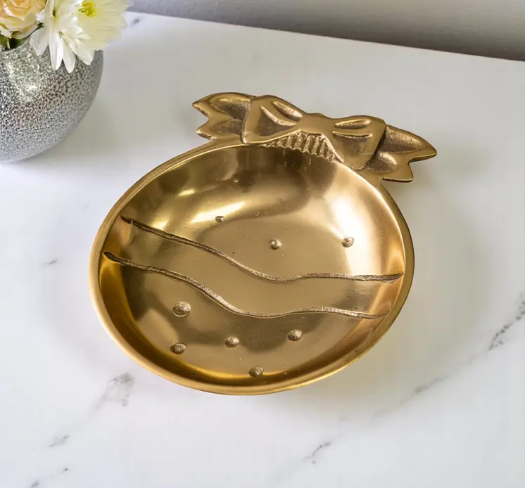 6" Gold Aluminum Christmas Ornament Round Candy or Nut Bowl