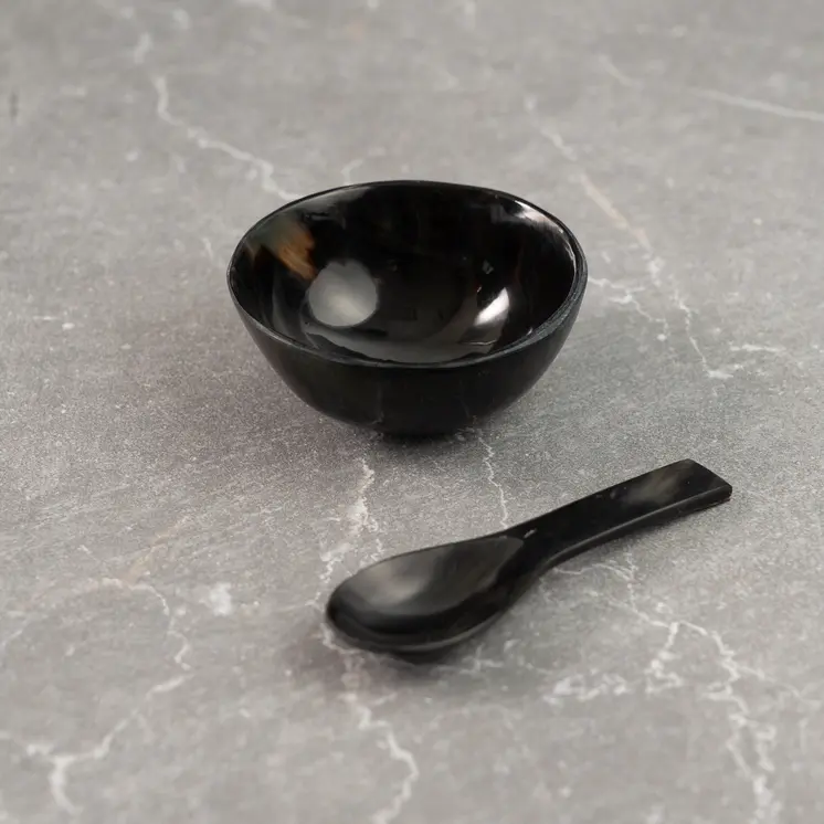 4" Black Horn Round Candy or Nut Bowl With Mini Spoon