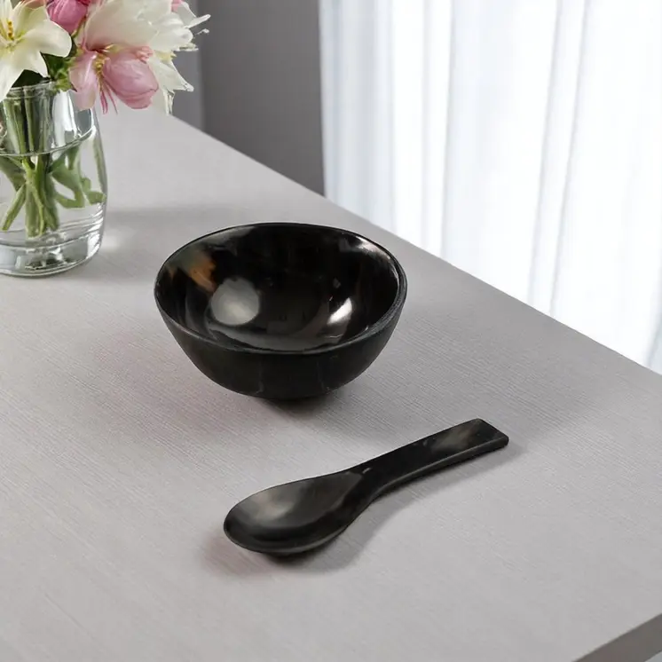 4" Black Horn Round Candy or Nut Bowl With Mini Spoon
