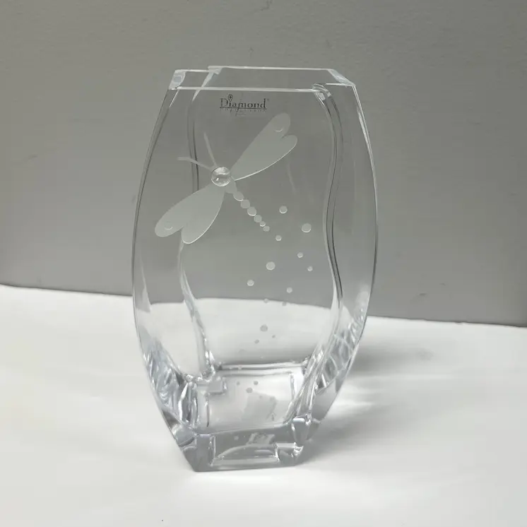 11" Clear And White Dragonfly Lead Free Crystal Table Vase With Crystals