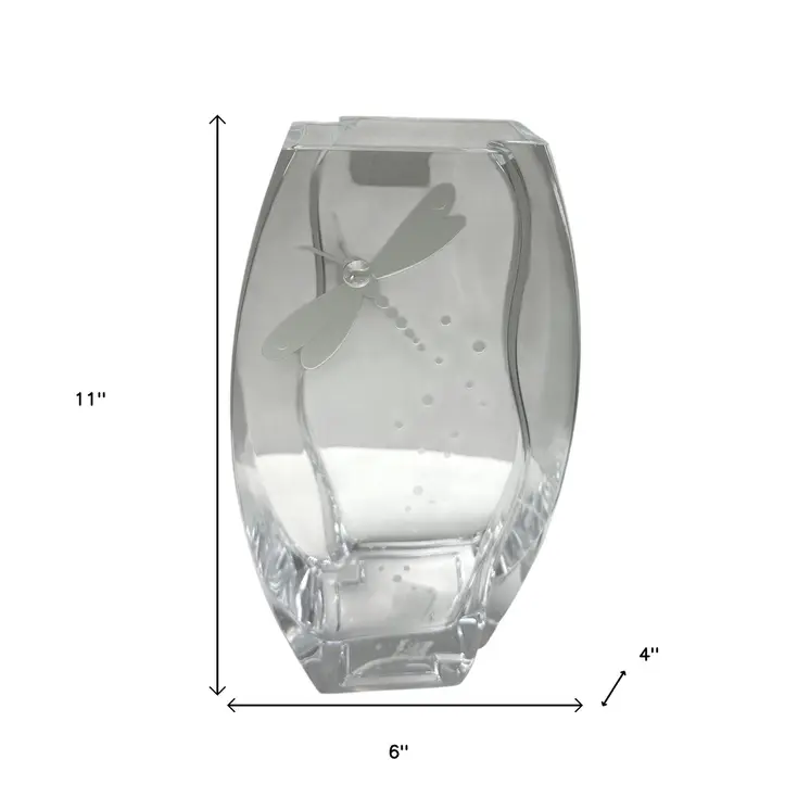 11" Clear And White Dragonfly Lead Free Crystal Table Vase With Crystals