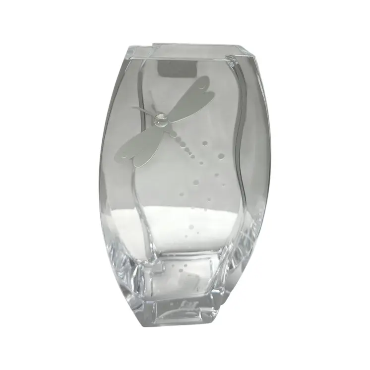 11" Clear And White Dragonfly Lead Free Crystal Table Vase With Crystals