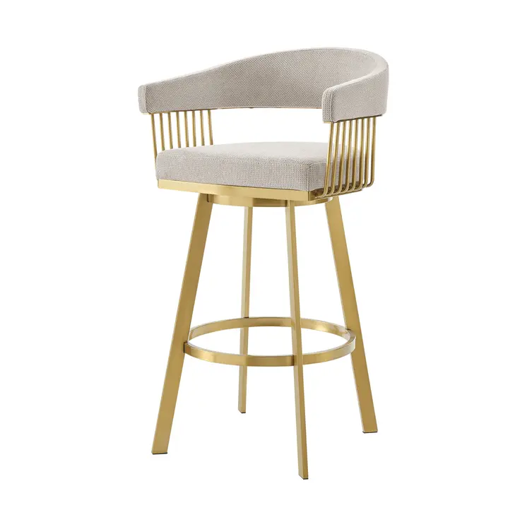 26" Taupe and Gold Fabric and Stainless Steel Low Back Counter Height Swivel Bar Chair