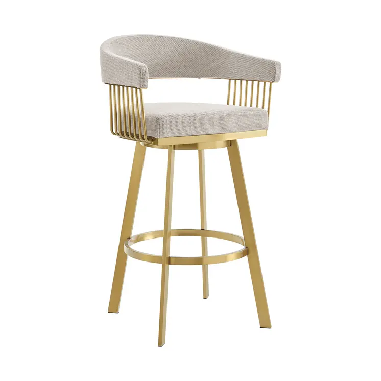 26" Taupe and Gold Fabric and Stainless Steel Low Back Counter Height Swivel Bar Chair