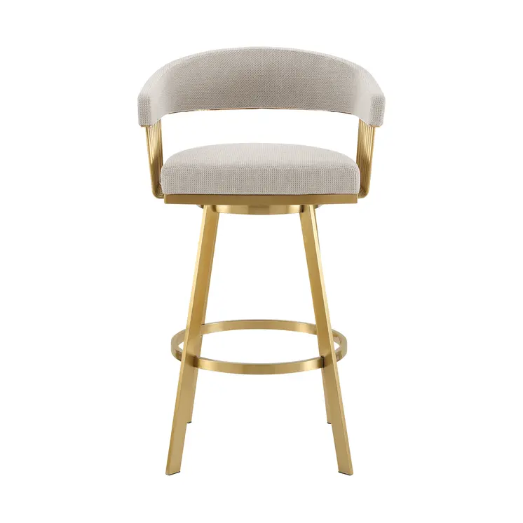 26" Taupe and Gold Fabric and Stainless Steel Low Back Counter Height Swivel Bar Chair
