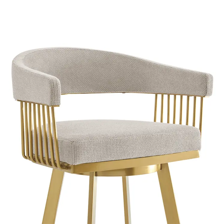 26" Taupe and Gold Fabric and Stainless Steel Low Back Counter Height Swivel Bar Chair