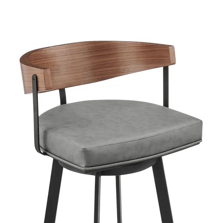 30" Gray Brown and Black Faux Leather and Iron Low Back Bar Height Swivel Bar Chair