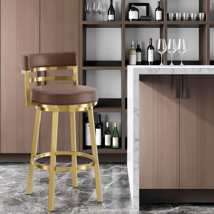 30" Coffee and Gold Faux Leather and Stainless Steel Low Back Bar Height Swivel Bar Chair