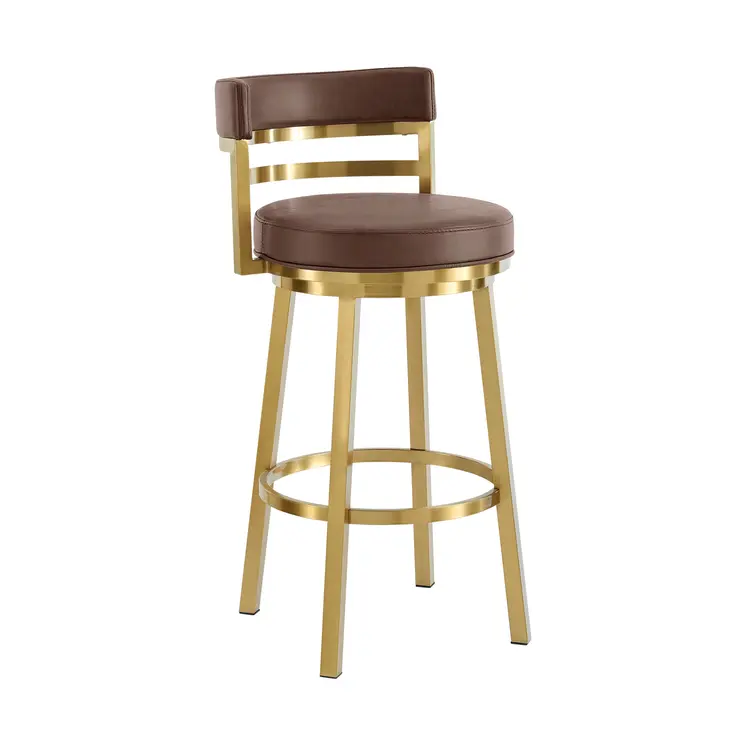 30" Coffee and Gold Faux Leather and Stainless Steel Low Back Bar Height Swivel Bar Chair