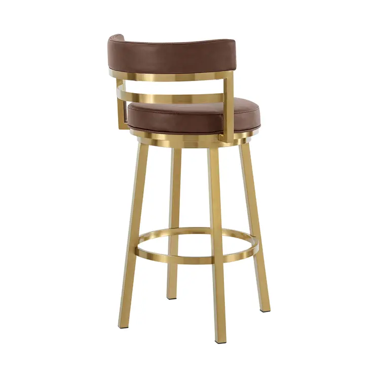 30" Coffee and Gold Faux Leather and Stainless Steel Low Back Bar Height Swivel Bar Chair