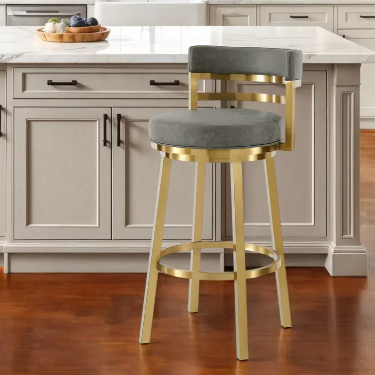 26" Gray and Gold Faux Leather and Stainless Steel Low Back Counter Height Swivel Bar Chair