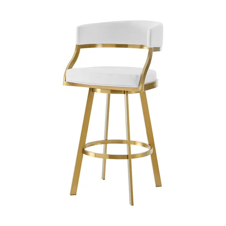 26" White and Gold Faux Leather and Stainless Steel Low Back Counter Height Swivel Bar Chair