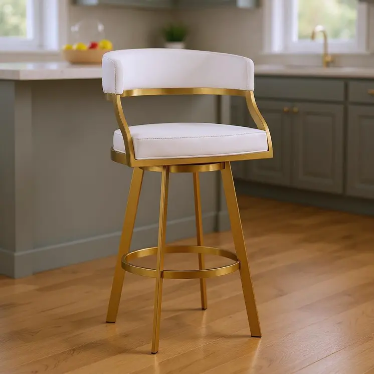 26" White and Gold Faux Leather and Stainless Steel Low Back Counter Height Swivel Bar Chair