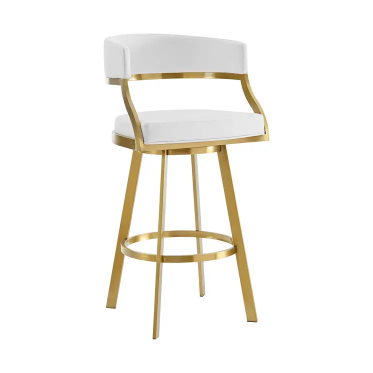 26" White and Gold Faux Leather and Stainless Steel Low Back Counter Height Swivel Bar Chair