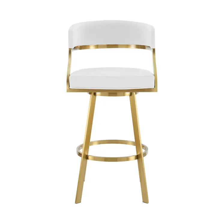 26" White and Gold Faux Leather and Stainless Steel Low Back Counter Height Swivel Bar Chair