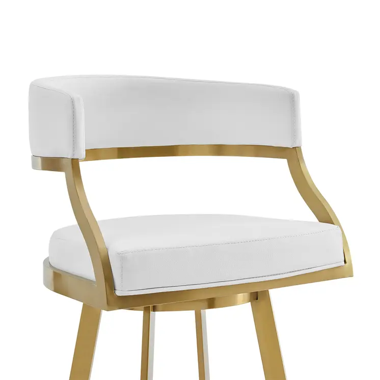 26" White and Gold Faux Leather and Stainless Steel Low Back Counter Height Swivel Bar Chair