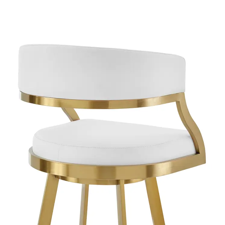 26" White and Gold Faux Leather and Stainless Steel Low Back Counter Height Swivel Bar Chair