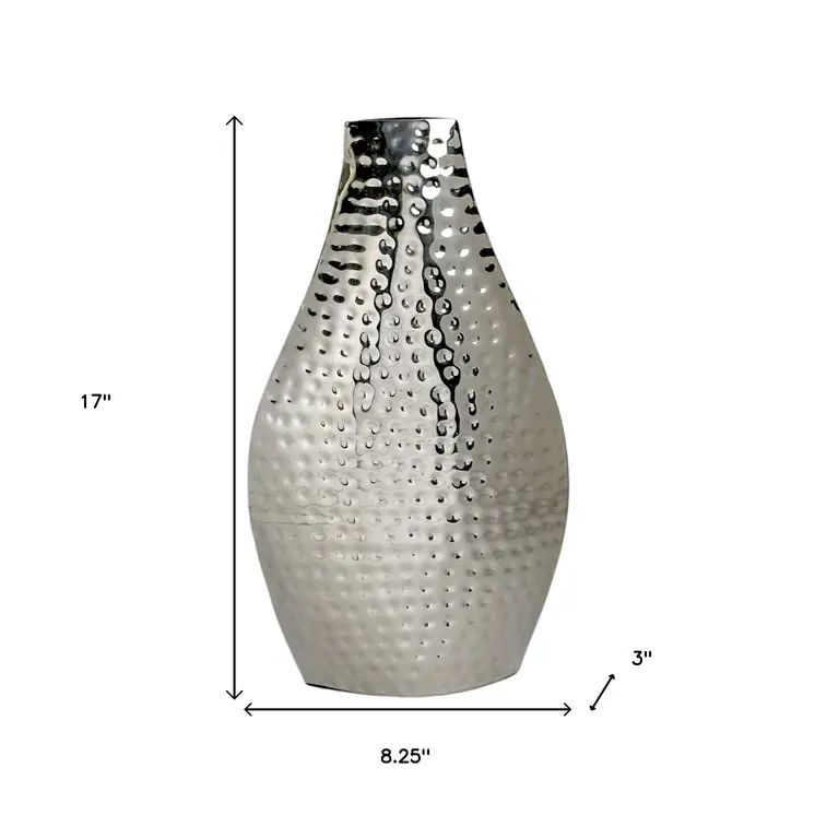 17" Silver Hammered Stainless Steel Table Vase