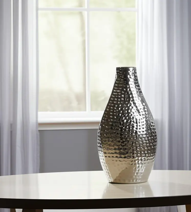 17" Silver Hammered Stainless Steel Table Vase