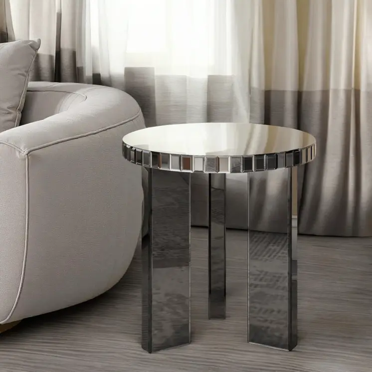 20" Silver And Black Faux Marble And Glass Round Mirrored End Table