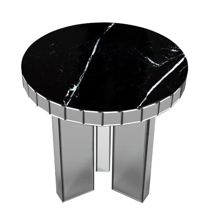 20" Silver And Black Faux Marble And Glass Round Mirrored End Table