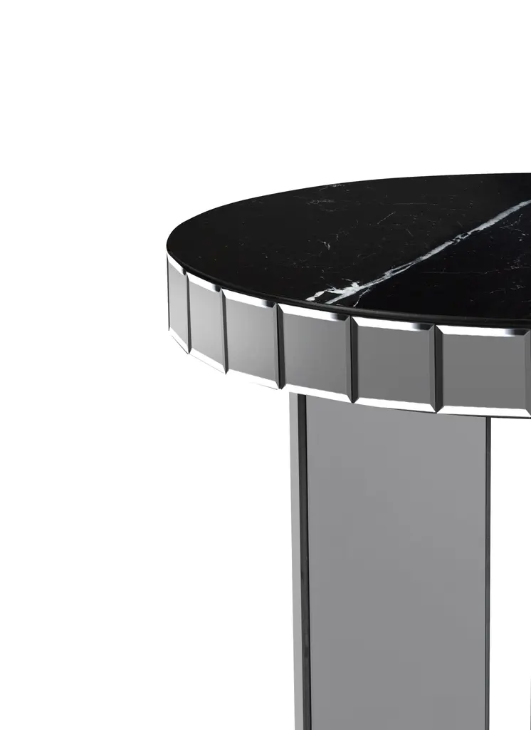 20" Silver And Black Faux Marble And Glass Round Mirrored End Table