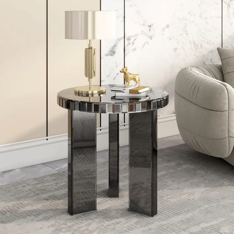 20" Silver And Black Faux Marble And Glass Round Mirrored End Table
