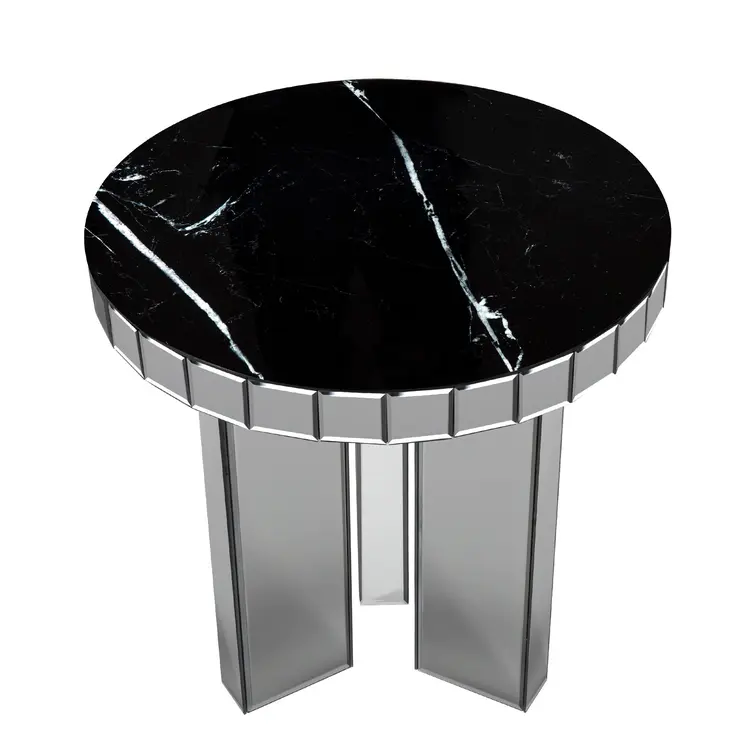 20" Silver And Black Faux Marble And Glass Round Mirrored End Table