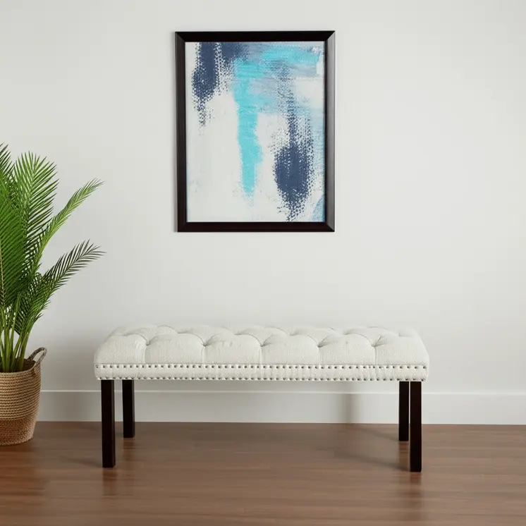 48" Ivory and Black Tufted Velvet Upholstered Bench