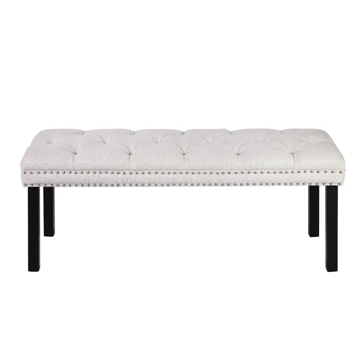 48" Ivory and Black Tufted Velvet Upholstered Bench