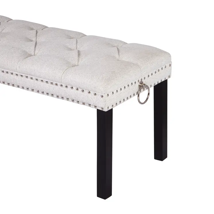 48" Ivory and Black Tufted Velvet Upholstered Bench