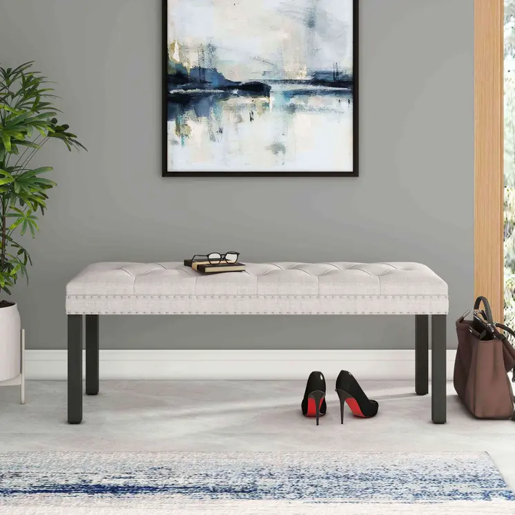 48" Ivory and Black Tufted Velvet Upholstered Bench