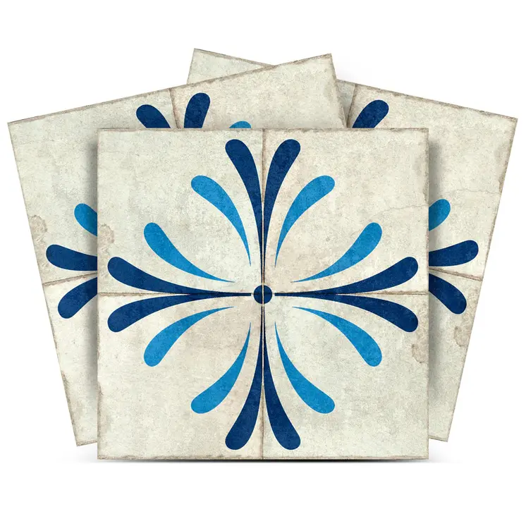7" x 7" Blue Vinyl Arabesque Peel And Stick Removable Tiles