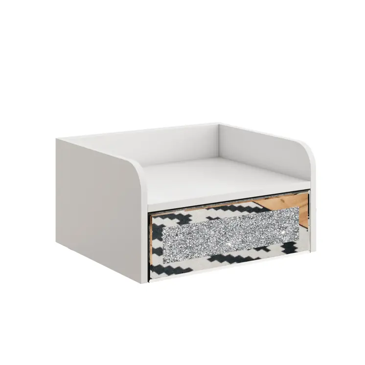14" White Wood Faux Crystal Bling And Mirrored Glass One Drawer Floating Nightstand