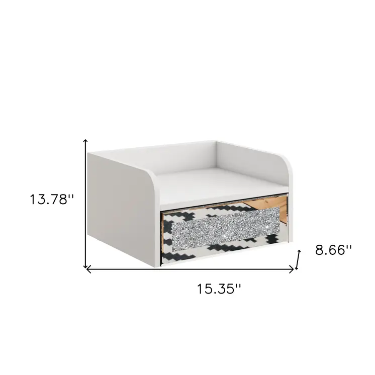 14" White Wood Faux Crystal Bling And Mirrored Glass One Drawer Floating Nightstand