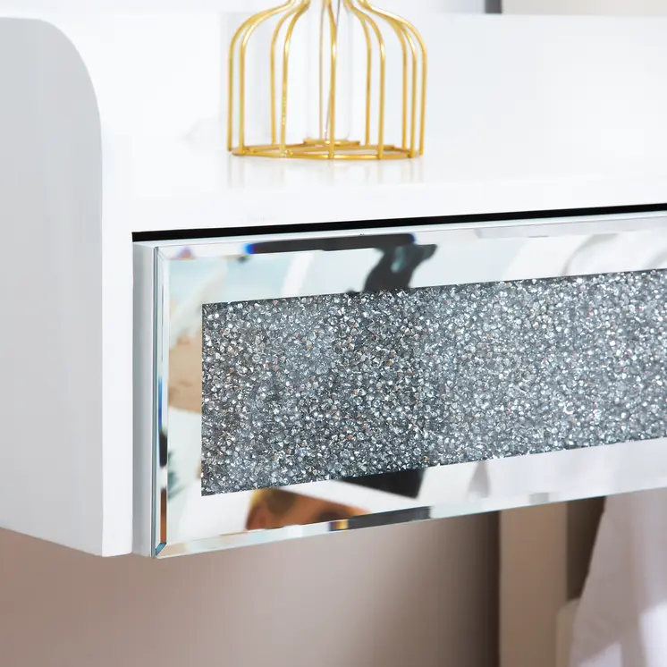14" White Wood Faux Crystal Bling And Mirrored Glass One Drawer Floating Nightstand