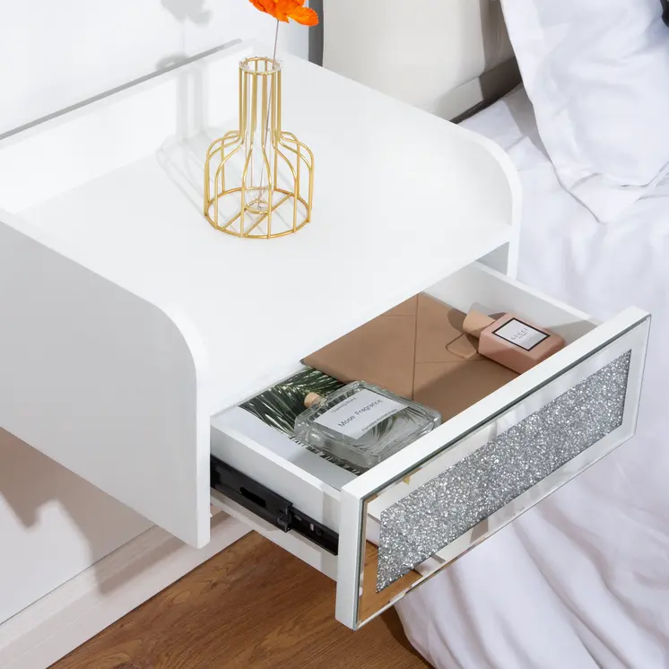 14" White Wood Faux Crystal Bling And Mirrored Glass One Drawer Floating Nightstand