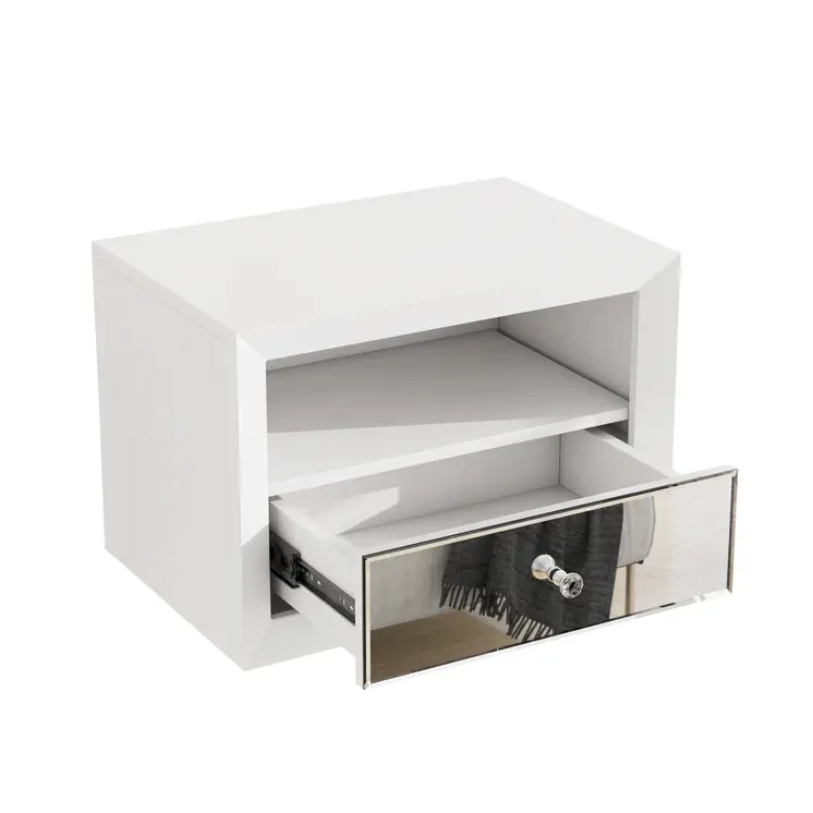 13" White Wood And Mirrored Glass One Drawer Floating Nightstand