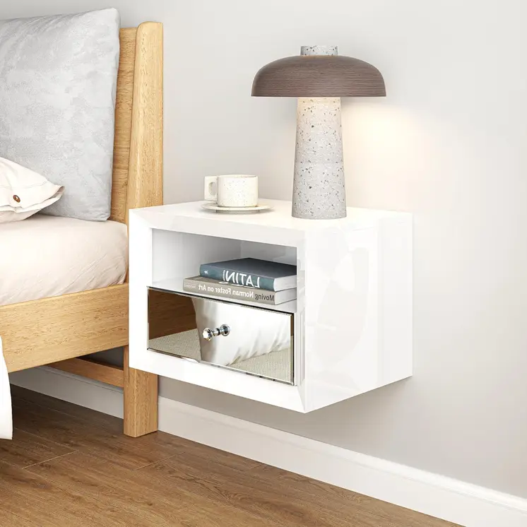 13" White Wood And Mirrored Glass One Drawer Floating Nightstand