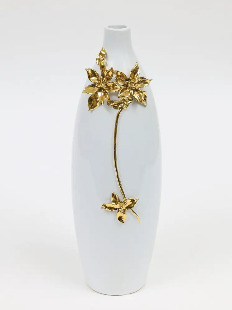 18" Gold Floral Oval Ceramic Table Vase With Sculptural Details