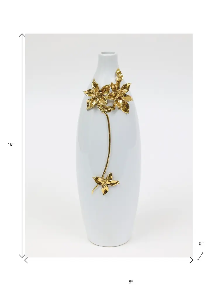 18" Gold Floral Oval Ceramic Table Vase With Sculptural Details