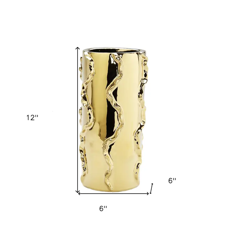 12" Gold Cylinder Ceramic Table Vase With Sculptural Details