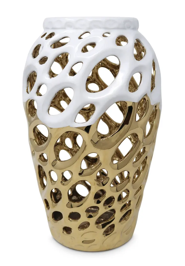 13" Gold And White Pierced Urn Porcelain Table Vase With Sculptural Details