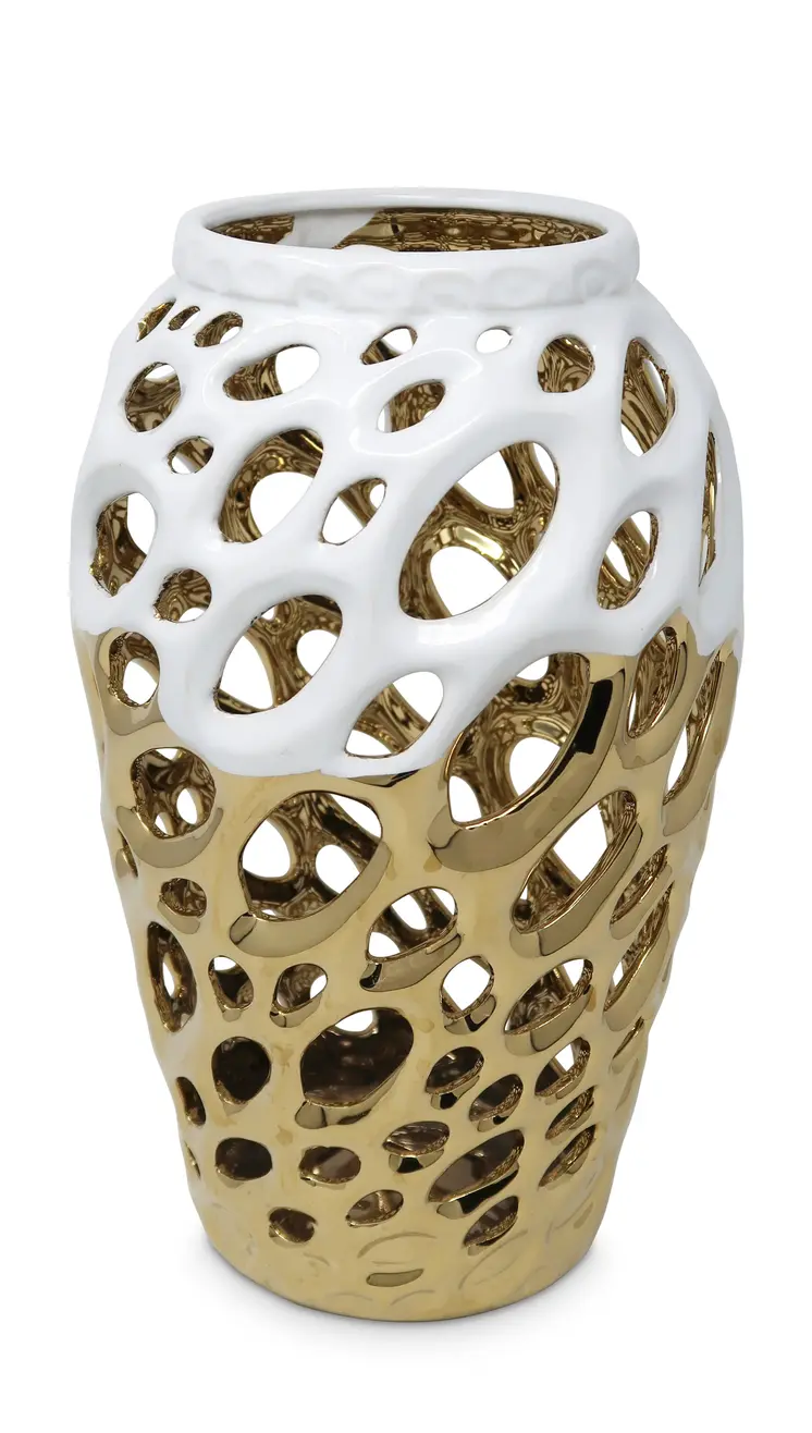 13" Gold And White Pierced Urn Porcelain Table Vase With Sculptural Details