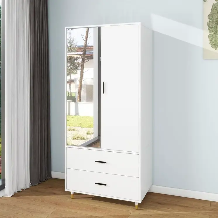 71" White Mirrored Two Door Two Drawer Combo Dresser