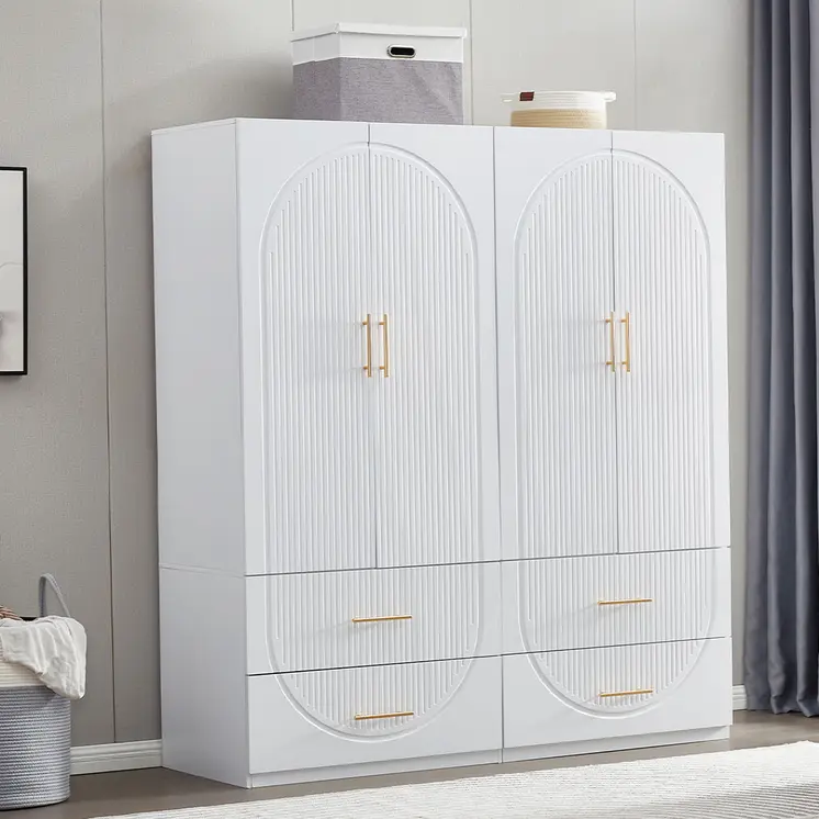 74" White Carved Geometric Four Door Four Drawer Combo Dresser