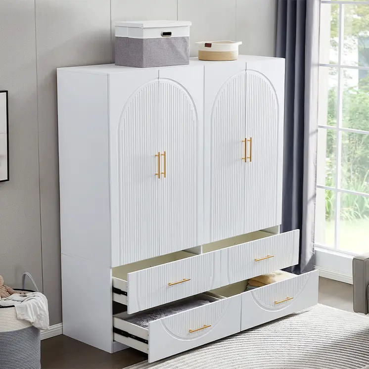 74" White Carved Geometric Four Door Four Drawer Combo Dresser
